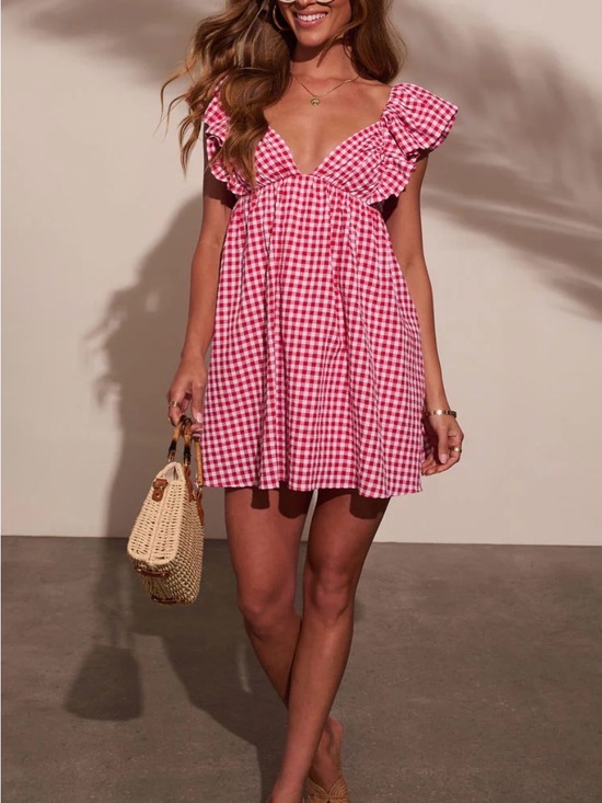 Vici Dresses & Skirts - Vici Pink Gingham Ruffle Mini Dress
